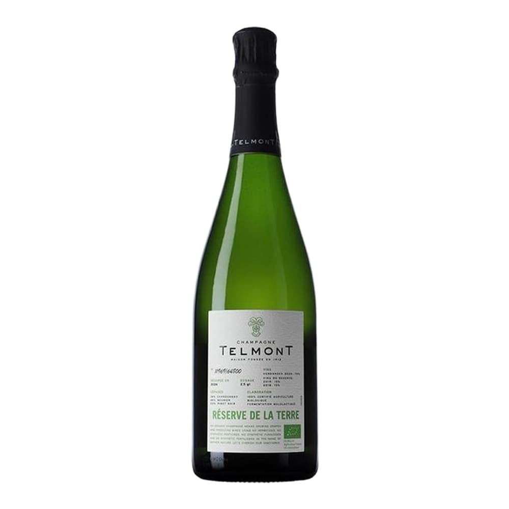 A bottle of Telmont Réserve de la Terre Champagne with green glass and black foil cap, displayed against a plain white background.