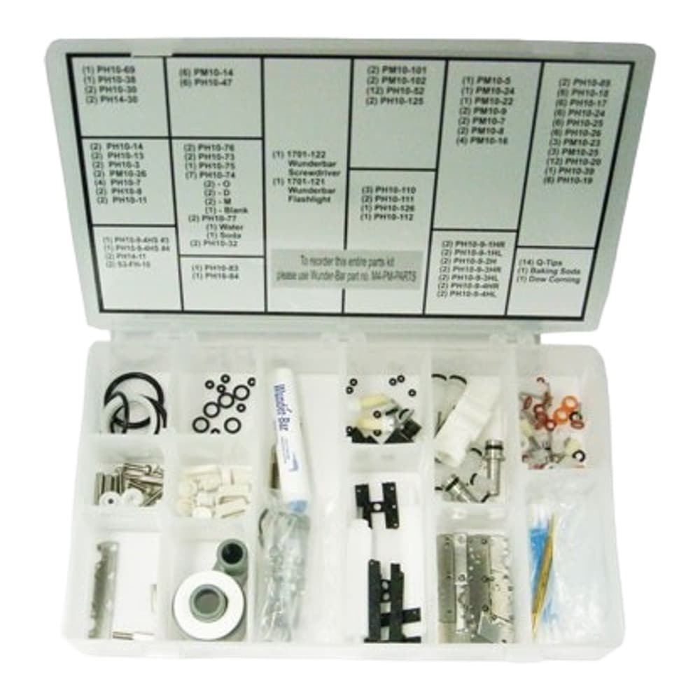A clear plastic organiser box containing various electronic components and hardware including resistors, capacitors, transistors, connectors, and wire, with a laminated reference chart lid showing component identification and specifications.