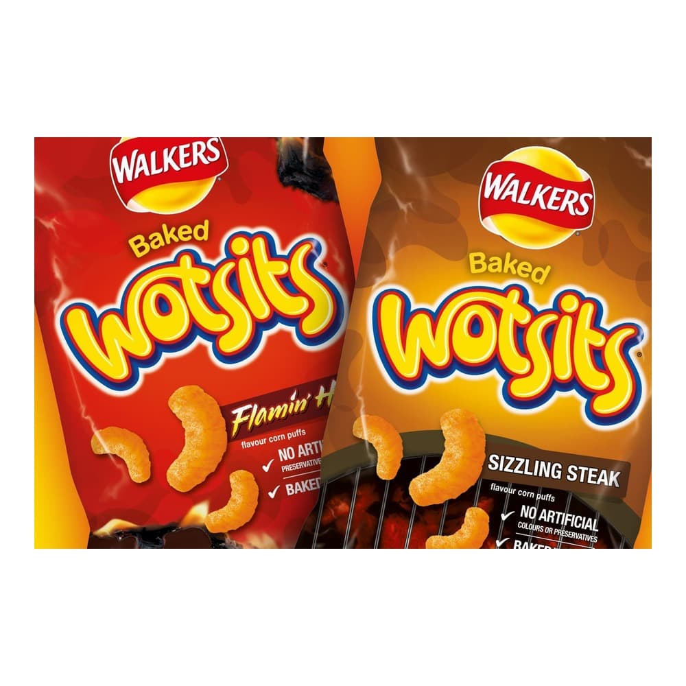 Two boxes of Walkers Wotsits baked corn puffs - Flamin' Hot and Sizzling Steak flavours displayed side by side against a red and brown gradient background.