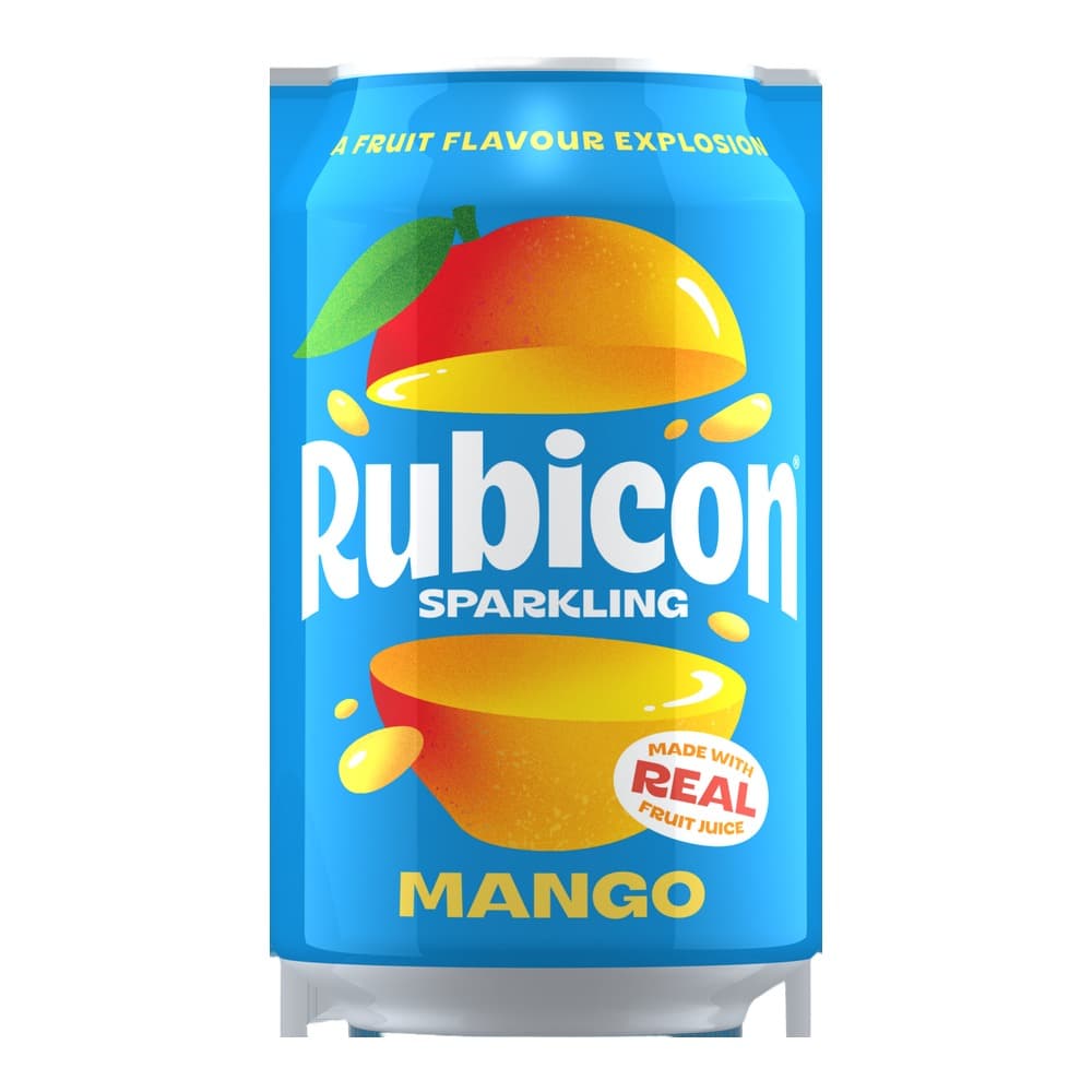 A bright blue aluminium can of Rubicon Sparkling mango-flavoured drink featuring illustrated mango graphics and yellow text on a white background.
