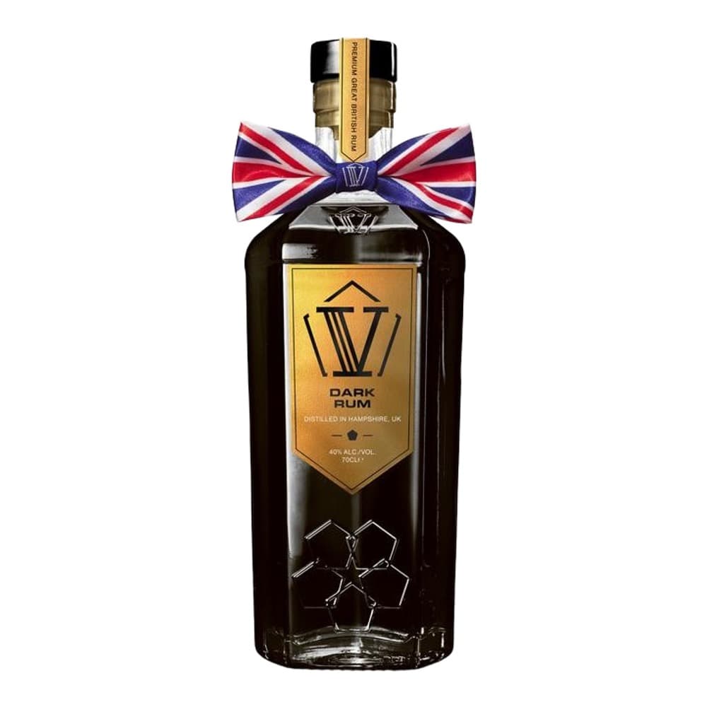 A bottle of dark rum with a gold label and Union Jack ribbon bow on a white background