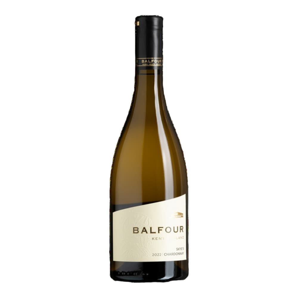 A bottle of Balfour Chardonnay 2022 white wine with black cap and cream-coloured label on a white background.