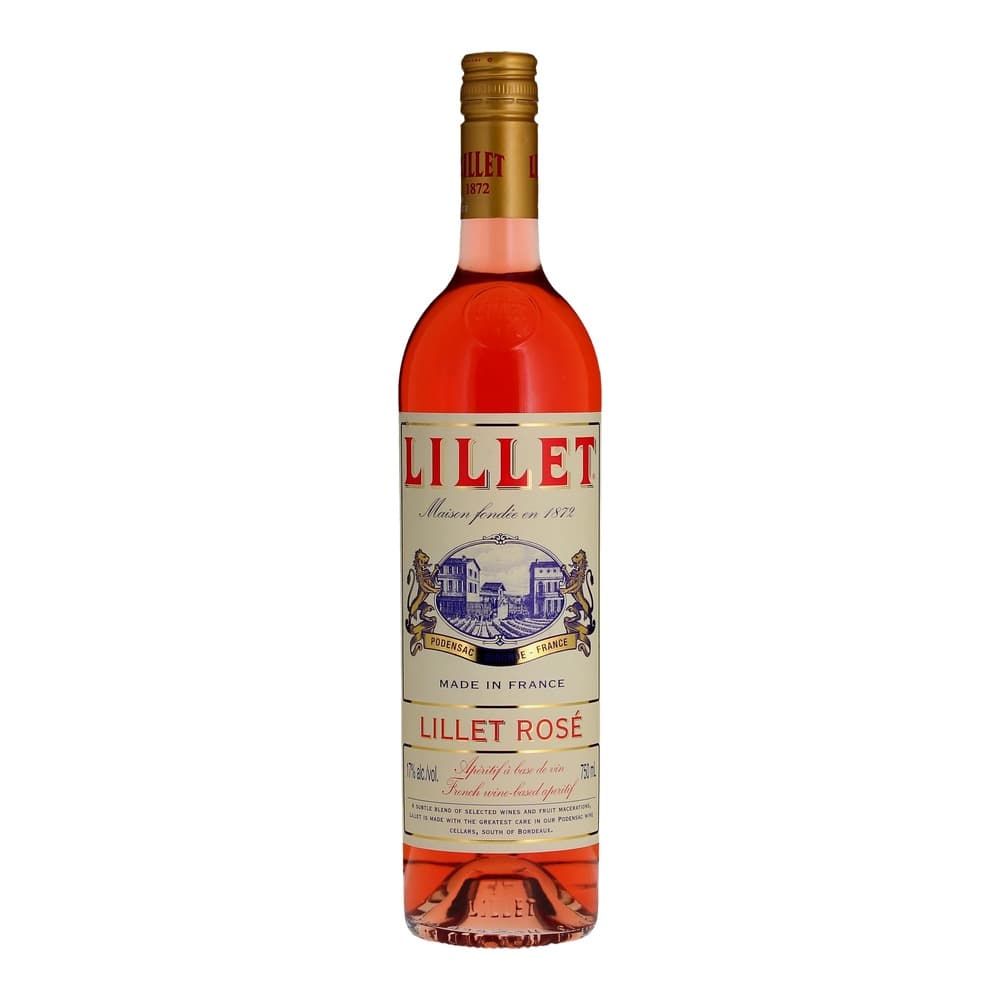 A bottle of Lillet Rosé French wine-based aperitif with a gold cap and cream-coloured label featuring red text and a blue vineyard illustration, set against a white background.