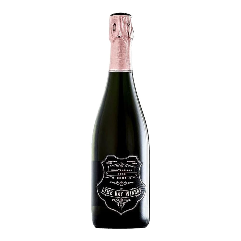 A bottle of Timo Bay Winery Rosé Brut sparkling wine with a pink foil-wrapped top and black label, photographed against a white background.