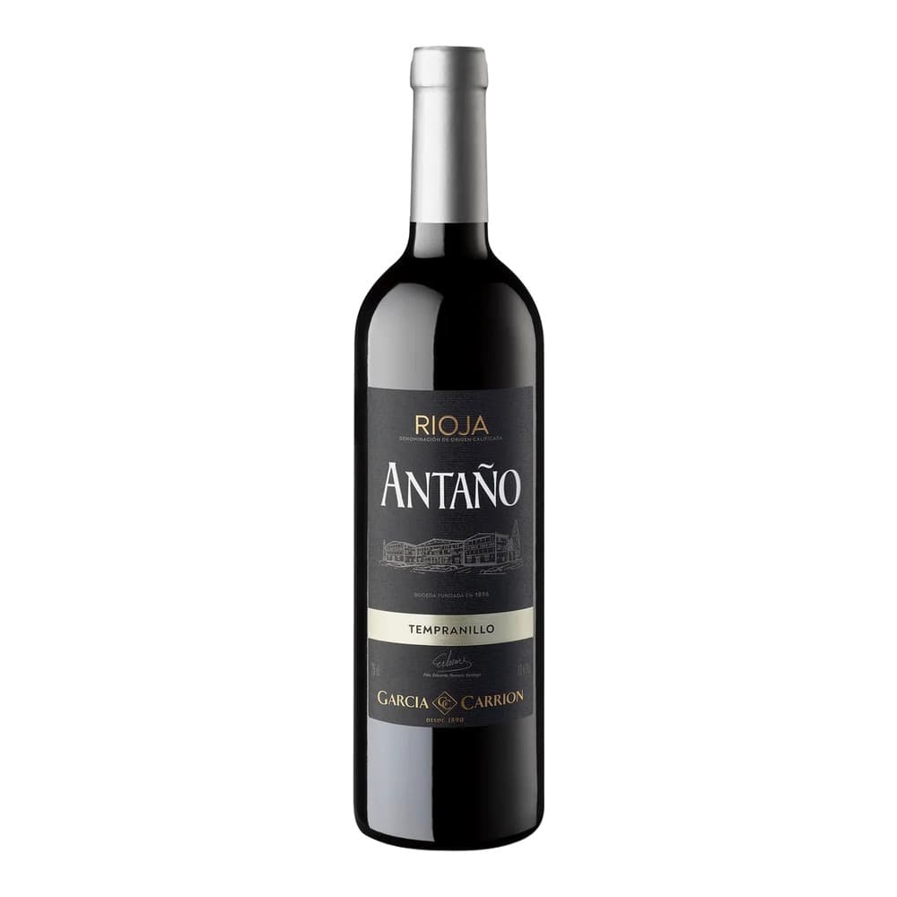 A bottle of Antaño Tempranillo red wine from Rioja, Spain, featuring a dark label with silver text on a white background.