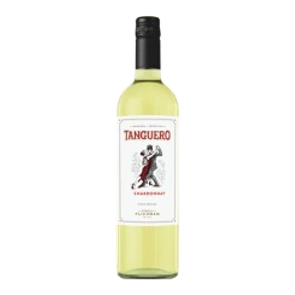 A bottle of Tanguero white wine with a black cap and white label on a plain white background