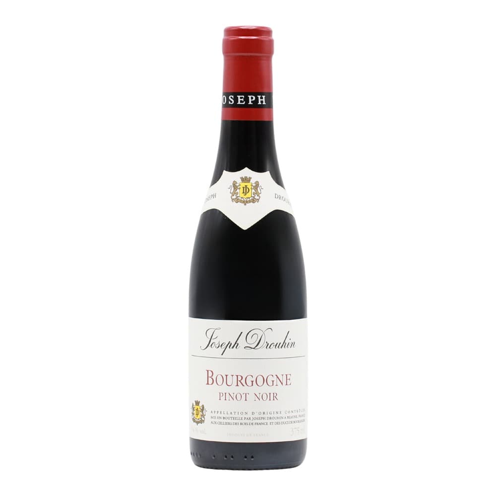 A bottle of Joseph Drouhin Bourgogne Pinot Noir red wine with red foil cap and white label on a plain white background.