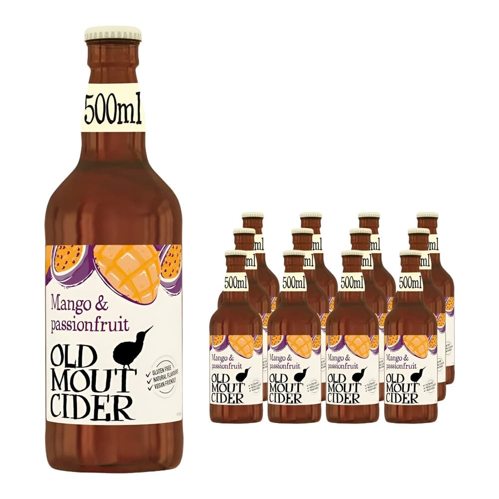 A brown glass bottle of Old Mout Cider Mango & Passionfruit 500ml with cream coloured cap, displayed on a white background with eight smaller bottles shown to the right.