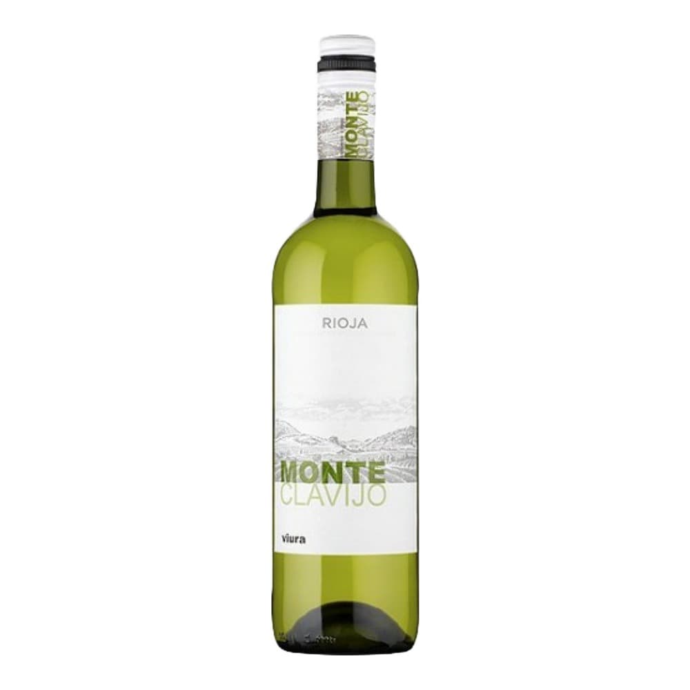 Bottle of Monte Clavijo Rioja white wine from Viura with pale green liquid against a white background