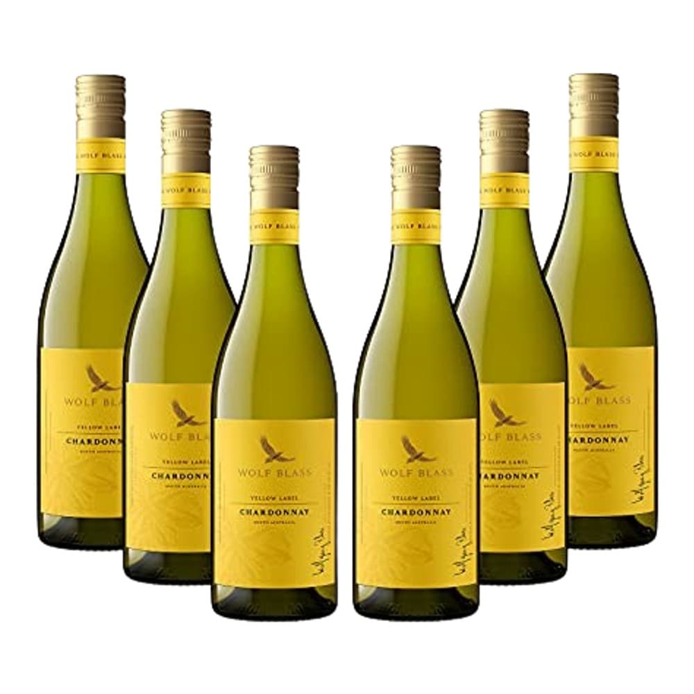 Six bottles of Wolf Blass Chardonnay wine arranged in a row against a white background, featuring distinctive yellow labels with the Wolf Blass branding and bird logo.