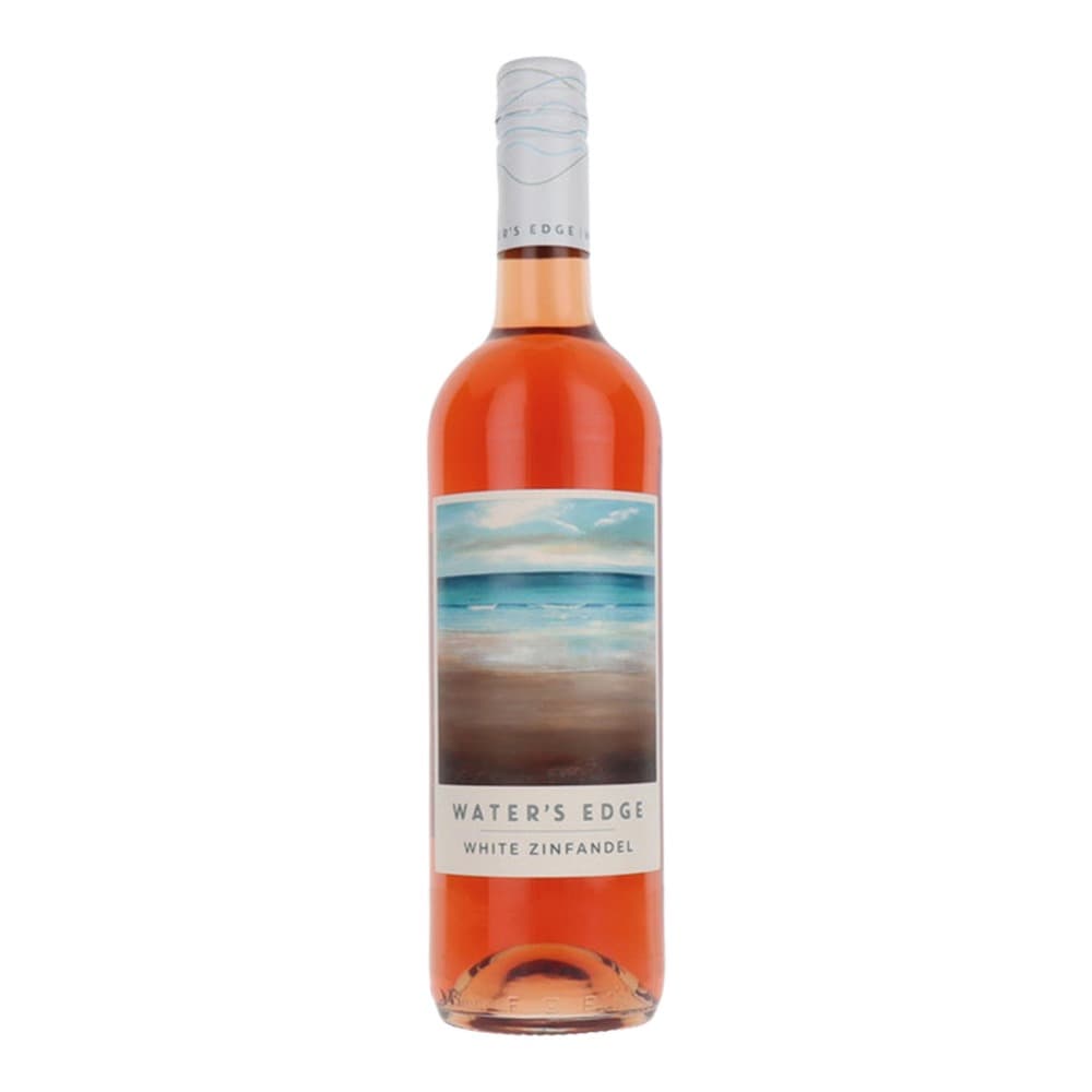 A bottle of Water's Edge White Zinfandel rosé wine with a beach and ocean-themed label on a white background.