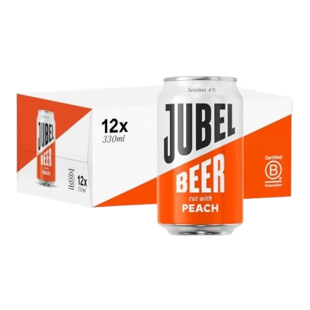 A pack of 12 Jubel beer cans with peach flavour displayed with one can in front, featuring orange and white branding on a plain white background.