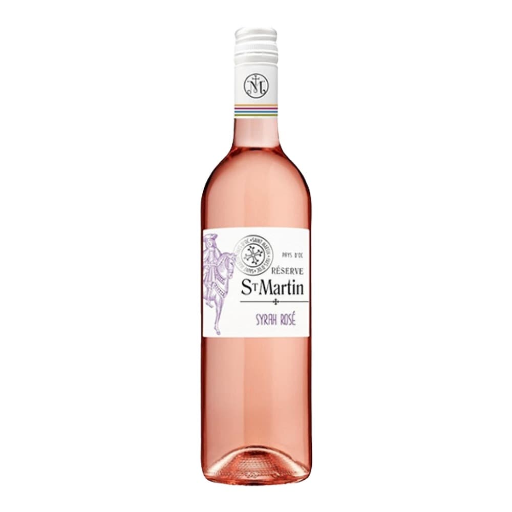 A bottle of St Martin Réserve Syrah Rosé wine with white cap and label featuring purple design elements, displayed against a plain white background.