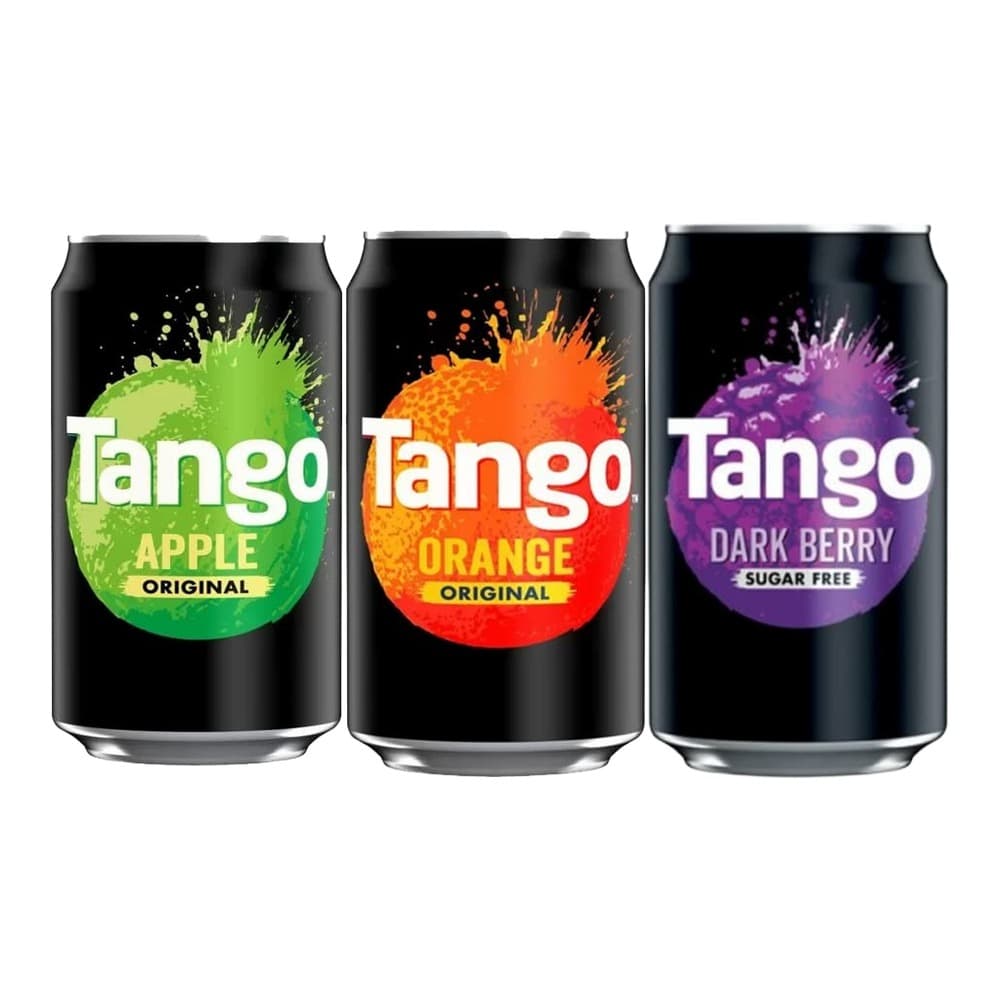 Three black Tango cans displayed side-by-side featuring Apple Original in green, Orange Original in orange, and Dark Berry Sugar Free in purple, each with vibrant splash graphics on white background.