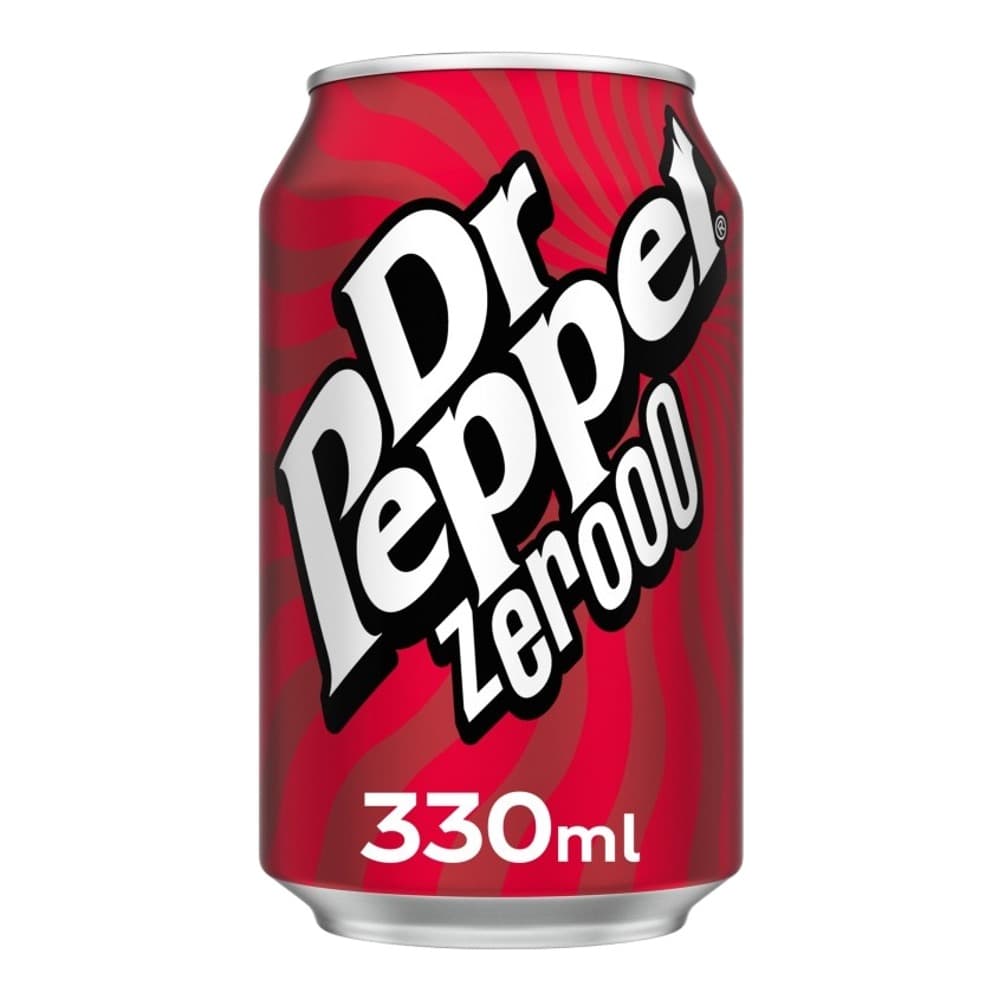 A red aluminium can of Dr Pepper Zero Sugar soft drink on a plain white background, displaying the 330ml volume.