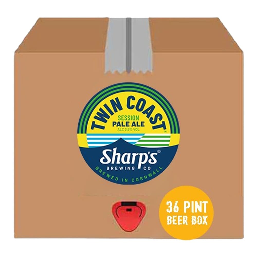 Cardboard beer box with Sharps Brewing Co Twin Coast Session Pale Ale branding and a 36 pint beer box label on a white background