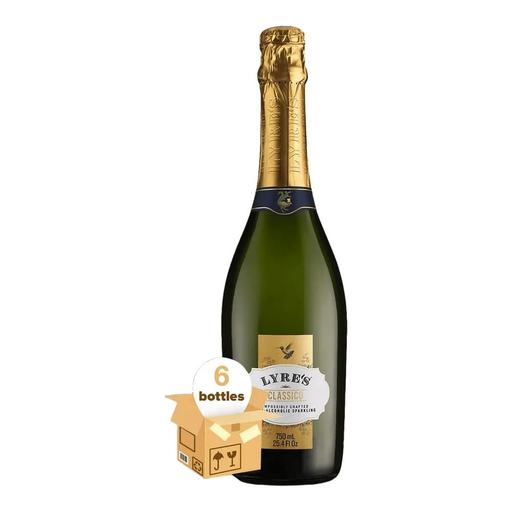 Bottle of Lyre's Classico non-alcoholic sparkling wine with gold foil cap and white label on white background, displayed with cardboard box indicating 6 bottles