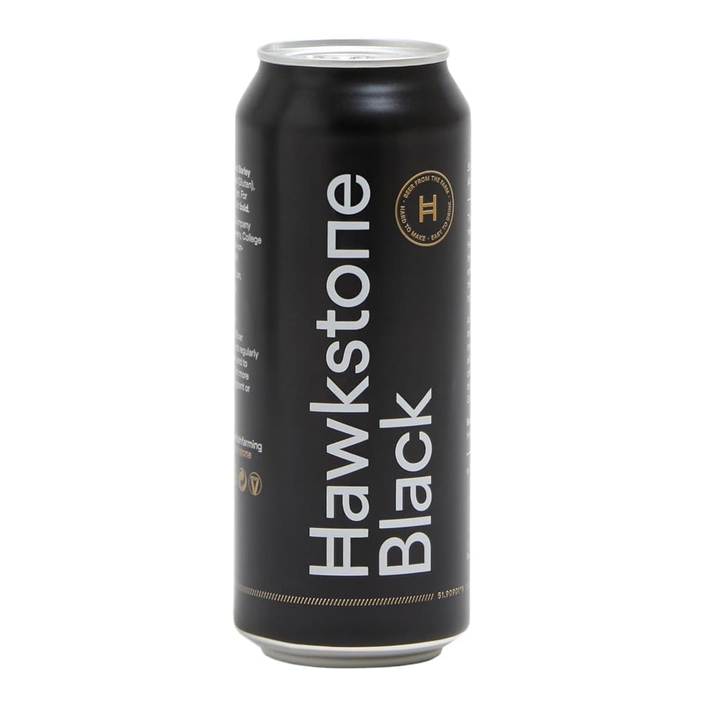 A black aluminium beer can with white and gold branding displaying Hawkstone Black lager on a white background.