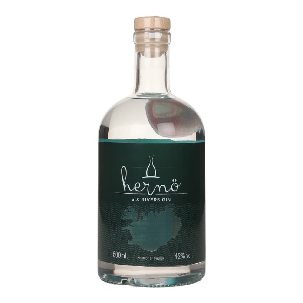 A 500ml bottle of Hernö Six Rivers Gin with a dark green label and wooden cork top, displayed against a white background.