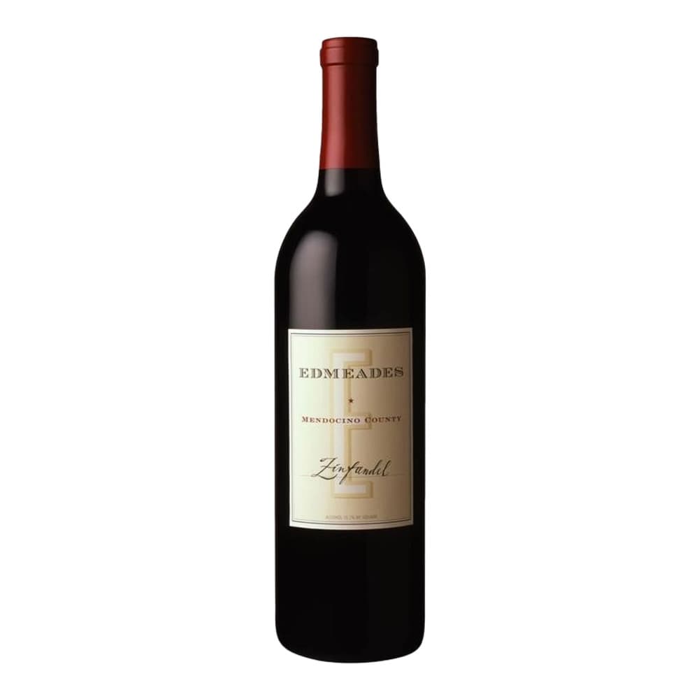 A bottle of Edmeades Mendocino County Zinfandel red wine against a plain white background, featuring a cream-coloured label with burgundy capsule.