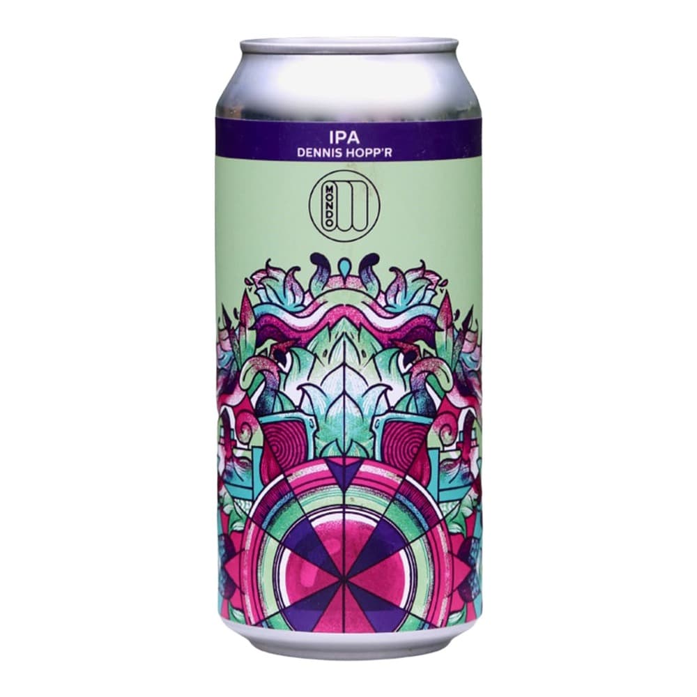A colourful IPA beer can featuring vibrant purple, pink, and mint green artwork with ornate symmetrical design patterns and a central mandala motif.