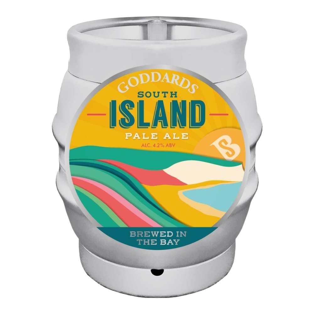White beer keg with yellow and teal label for Goddards South Island Pale Ale, 4.2% ABV, brewed in the bay