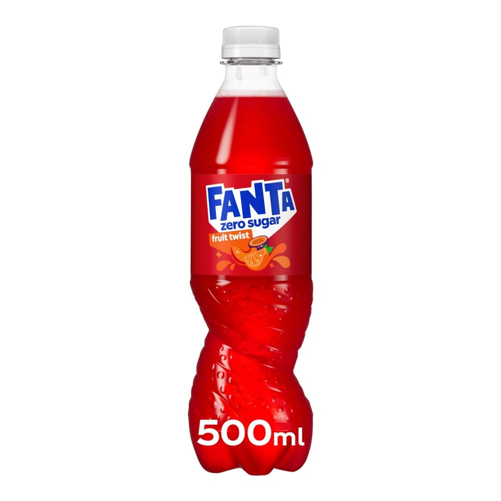 A red plastic bottle of Fanta Zero Sugar Fruit Twist soft drink with white cap and label featuring orange fruit imagery, 500ml size.