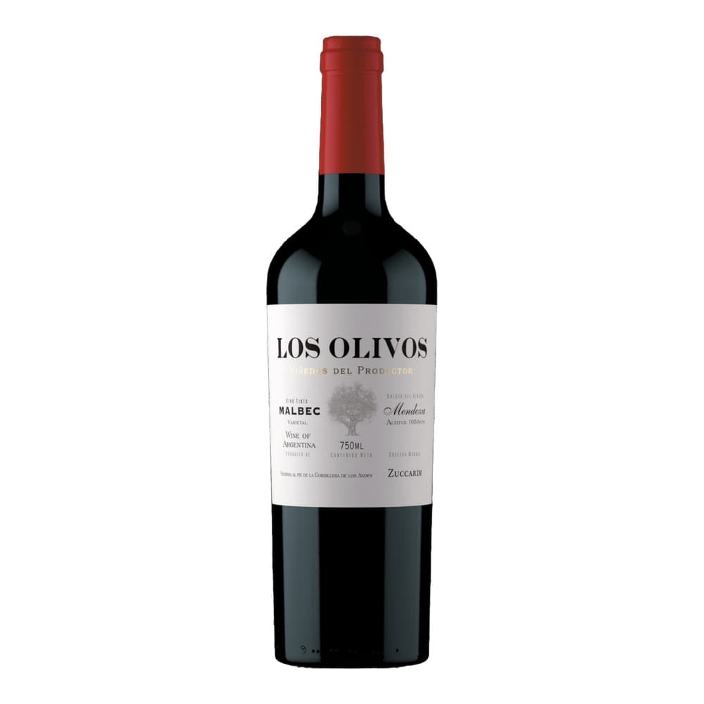 A bottle of Los Olivos Malbec red wine from Argentina with a red foil capsule and white label on a plain white background.