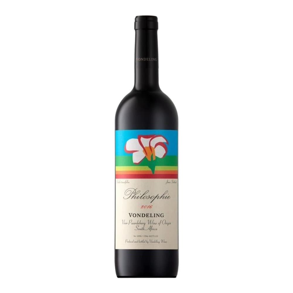 A bottle of Vondeling Philosophie 2016 red wine with a colourful floral label on a plain background, featuring award medals on the upper right.
