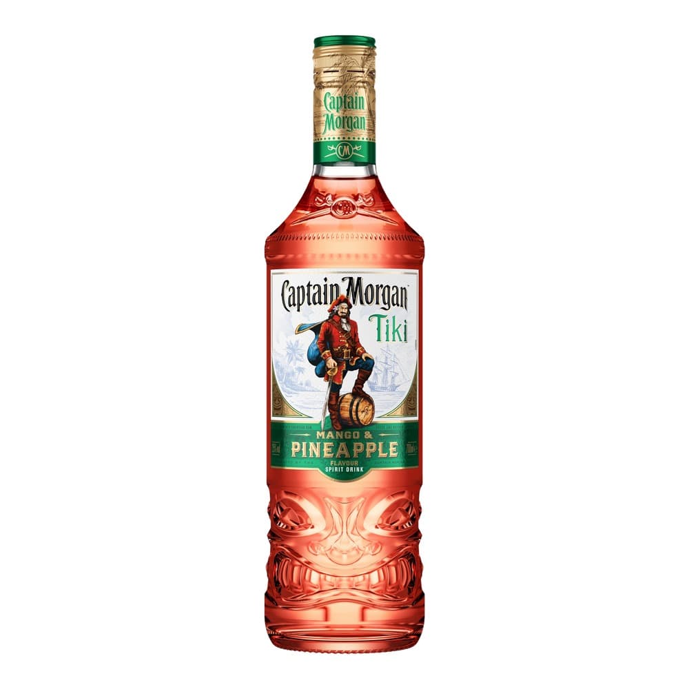 A bottle of Captain Morgan Tiki flavoured rum with mango and pineapple, featuring a red liquid, green cap, and decorative label with a captain character on a white background.