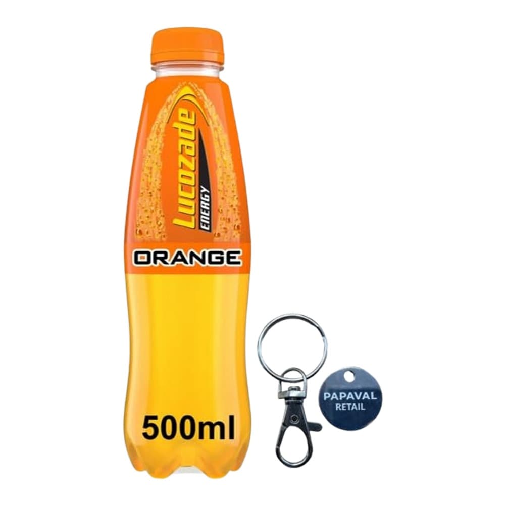 A 500ml bottle of Lucozade Orange energy drink with an orange and yellow gradient label, displayed against a white background alongside a blue Papaval Retail keychain.