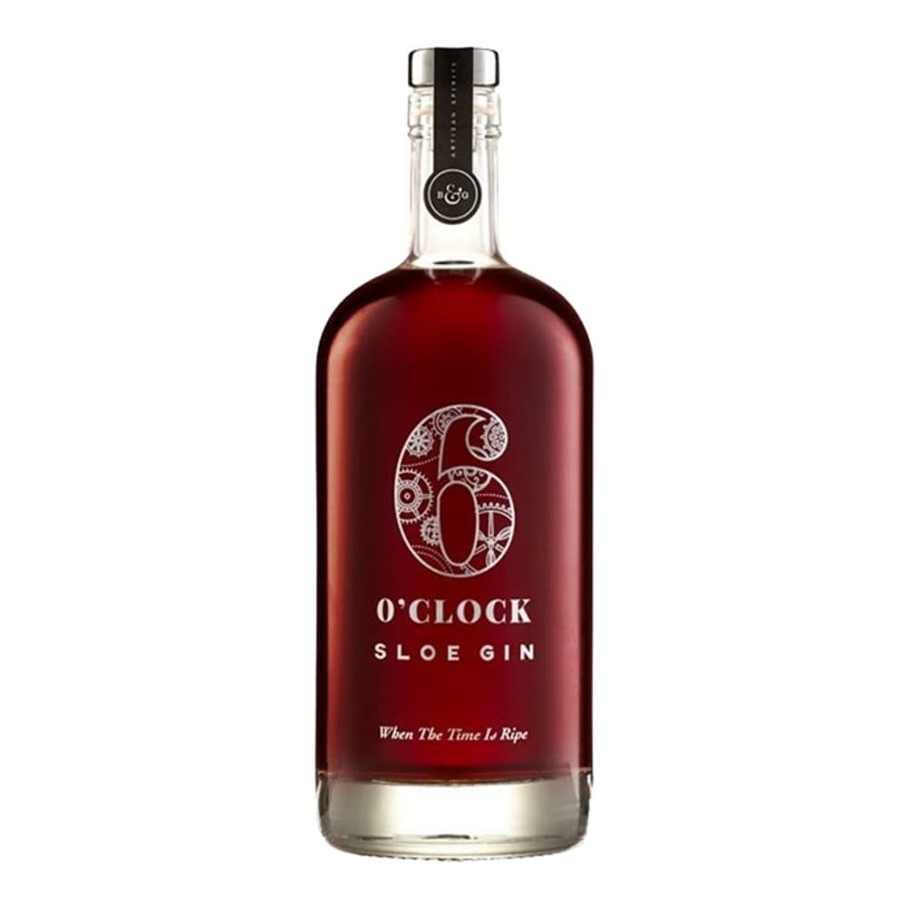 A bottle of 6 O'Clock Sloe Gin with deep red liquid, featuring an ornate number 6 on the label and a black and silver cap, photographed against a white background.