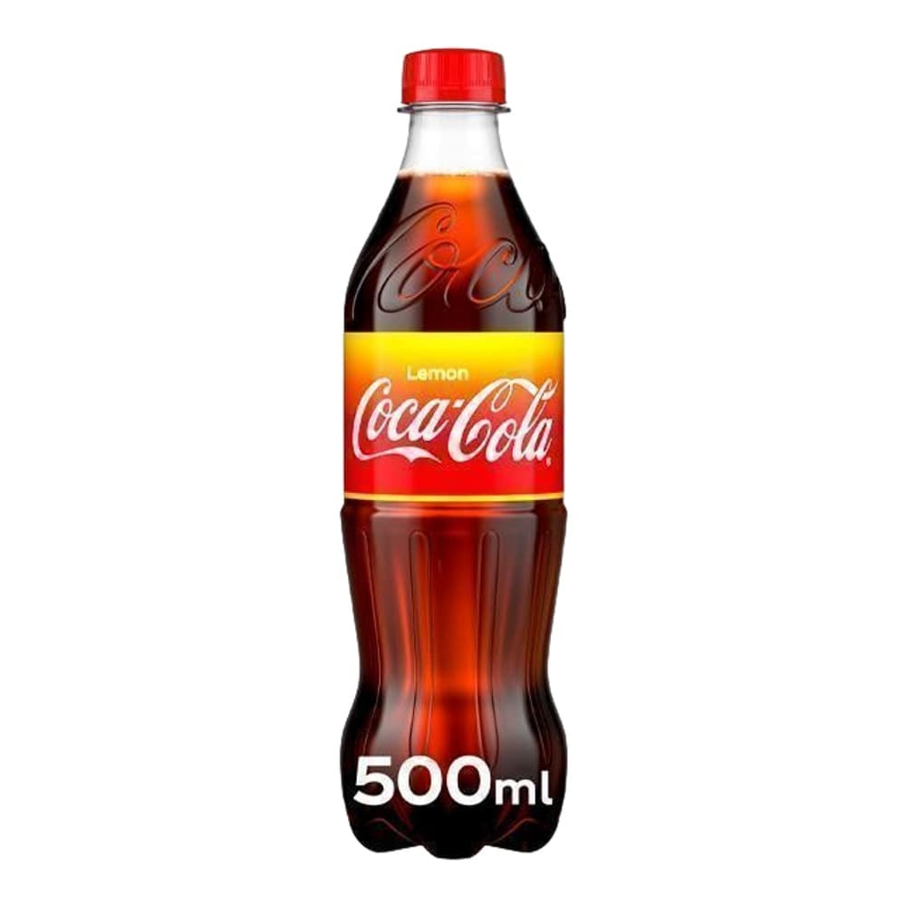 A 500ml bottle of Coca-Cola Lemon with a red cap and yellow label on a white background