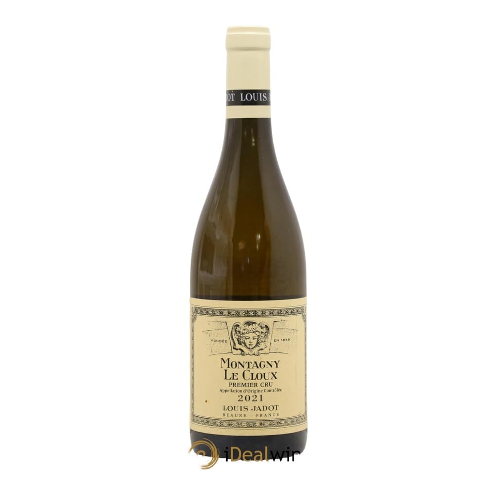 A bottle of Louis Jadot Montagny Le Cloux Premier Cru 2021 white wine from Beaune, France, displayed against a plain white background.