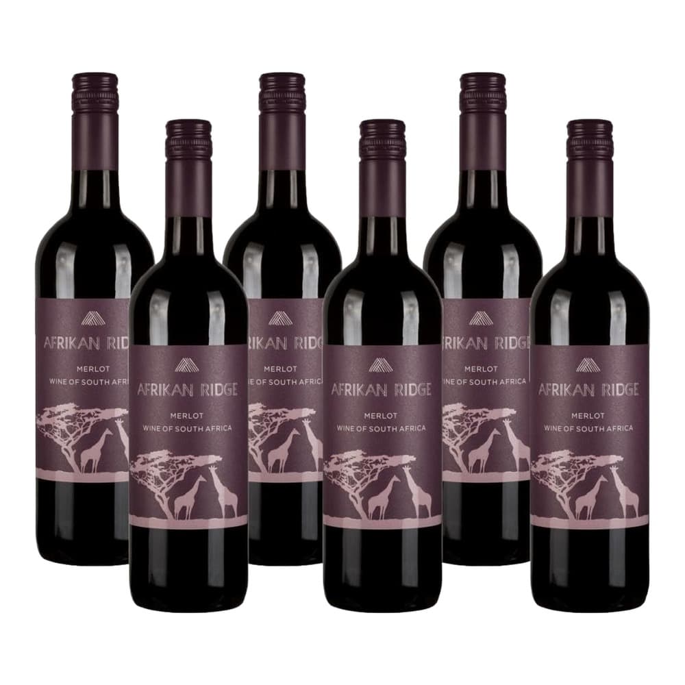 Six bottles of African Ridge Merlot wine from South Africa arranged on a white background, featuring burgundy labels with giraffe imagery.