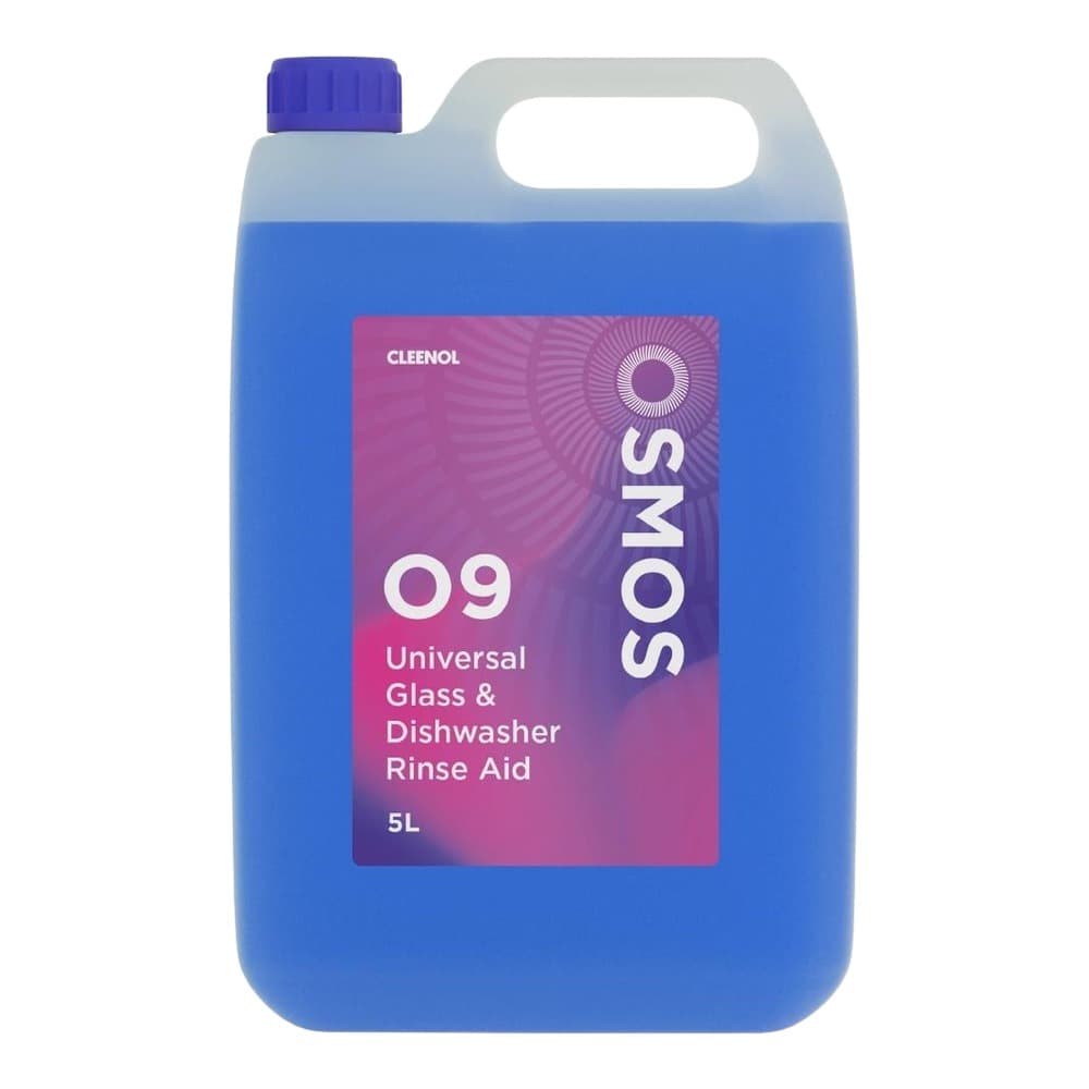 Blue 5-litre container of Cleenol SOM9 Universal Glass and Dishwasher Rinse Aid with purple and pink label featuring product information.