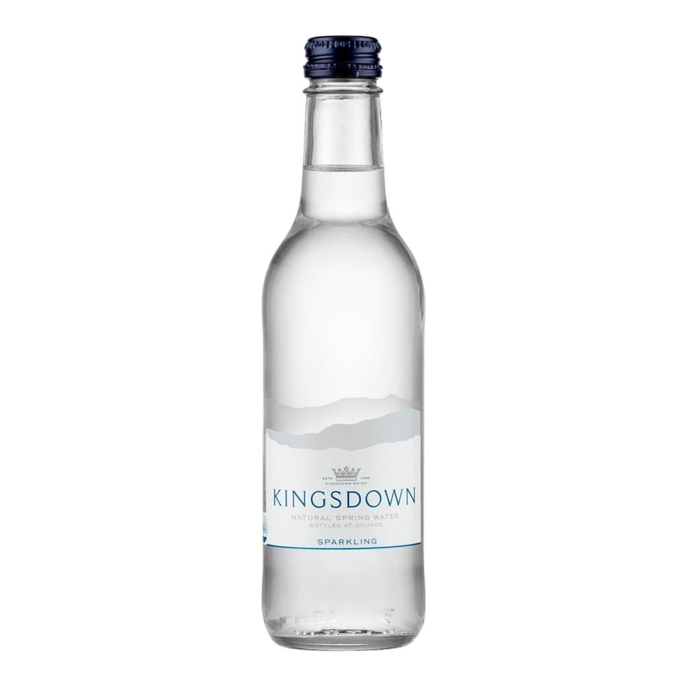 A clear glass bottle of Kingsdown sparkling natural spring water with a navy blue cap and white label on a plain white background.