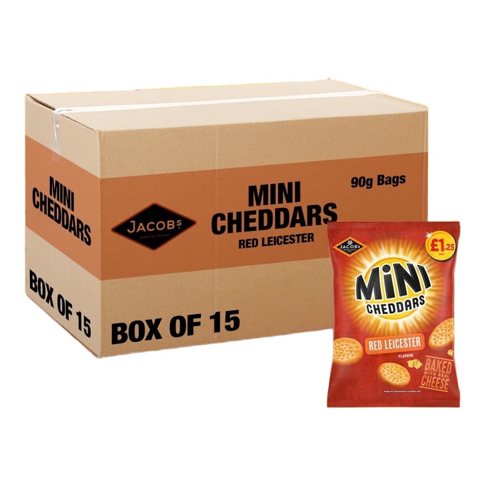 Cardboard box of Jacob's Mini Cheddars Red Leicester 90g bags with individual red packet displayed against orange background with starburst effect