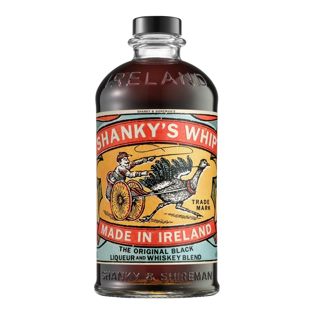 A bottle of Shanky's Whip, an original black liqueur and whiskey blend from Ireland, featuring a vintage label with an illustration of a man riding a large rooster on a cart.