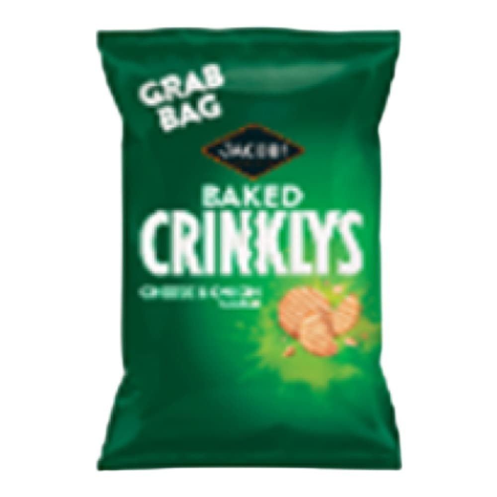 A green grab bag of Lay's Baked Crinklys crisps with visible product imagery and branding on a white background.