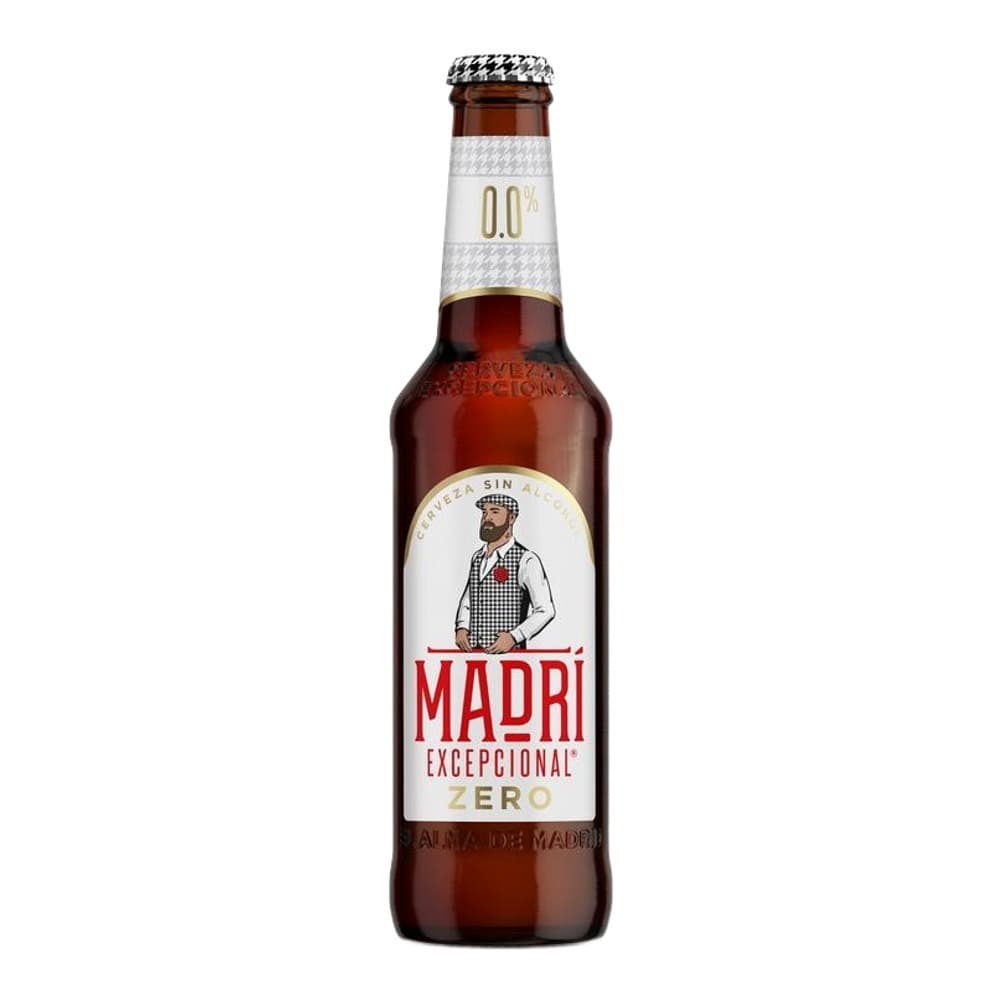 A bottle of Madri Excepcional Zero alcohol-free beer on a white background, featuring a label with a man in traditional Spanish attire and the brand name in red text.