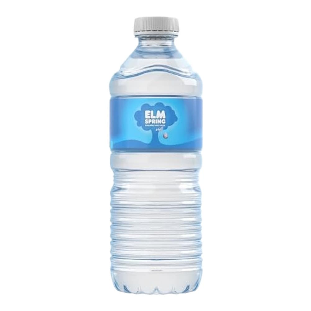 A clear plastic bottle of ELM Spring mineral water with a blue label and white screw cap, isolated on a white background.