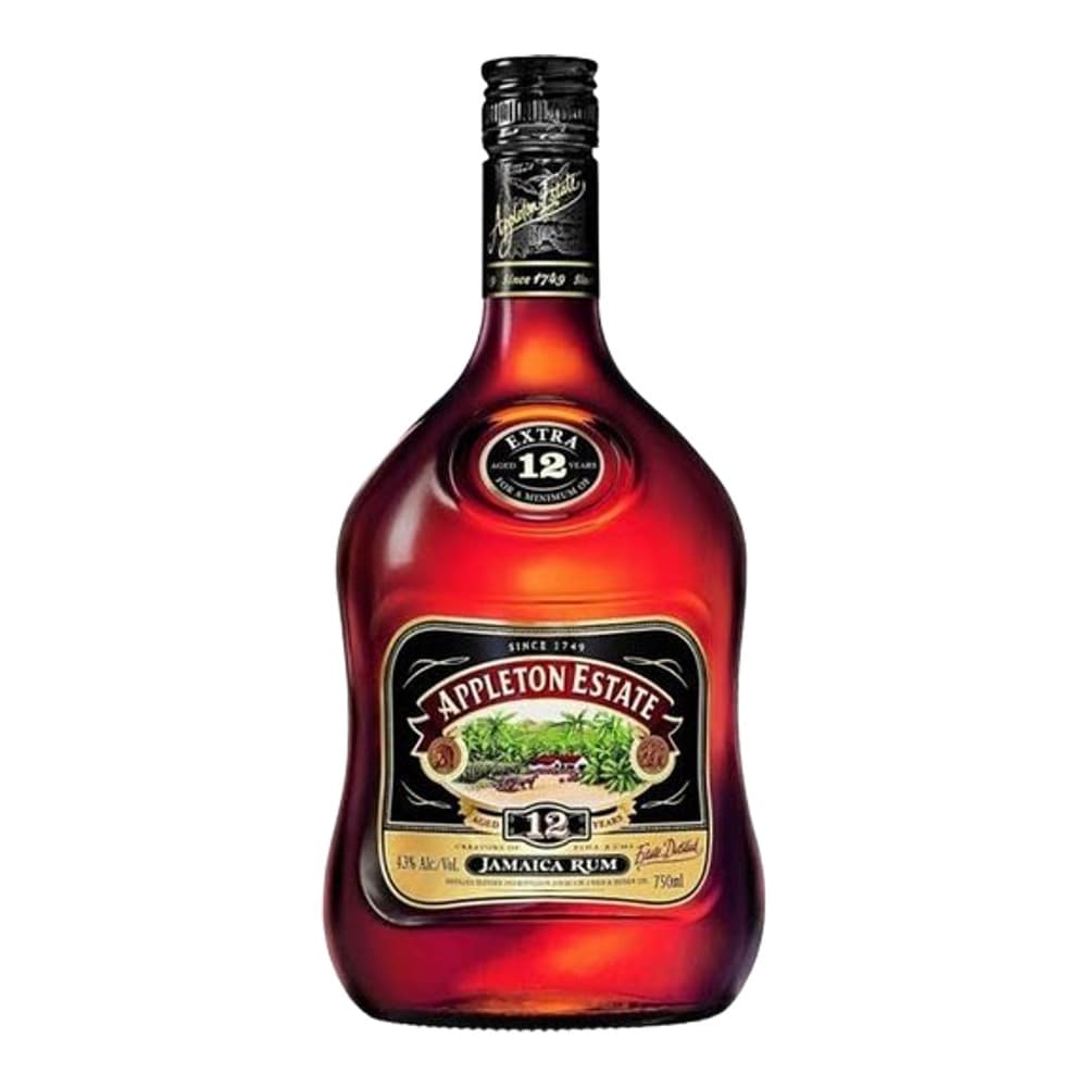 A bottle of Appleton Estate 12 Year Old Jamaica Rum with a deep amber liquid, black label with gold trim, and ornate branding on a plain background.