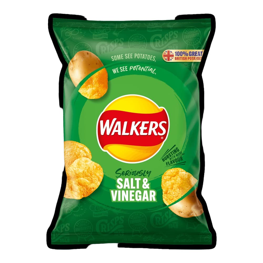 Green packet of Walkers Seriously Salt & Vinegar flavour crisps, featuring the Walkers logo and images of golden crisp chips and raw potatoes.