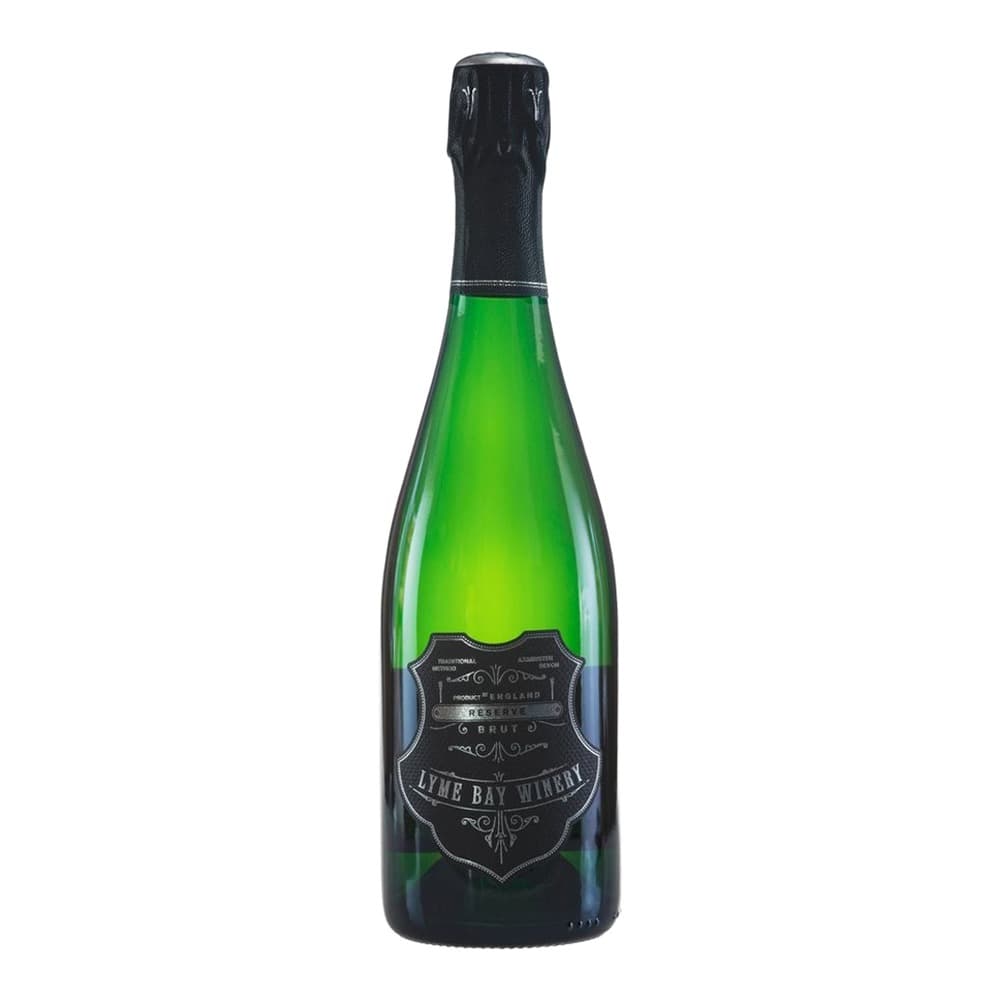 A bottle of Lyme Bay Winery Reserve Brut sparkling wine with a dark foil cap and black label on a white background.