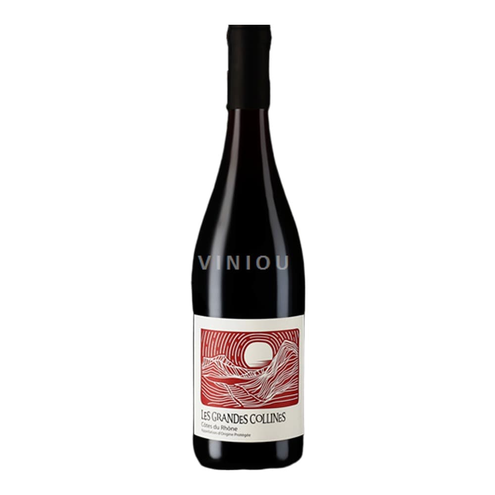 A bottle of Viniou Les Grandes Collines red wine with a white label featuring red wave design, isolated on a white background.