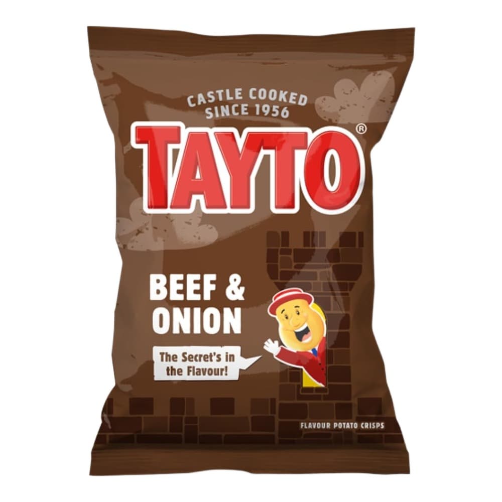 A brown packet of Tayto Beef & Onion flavoured potato crisps with the red Tayto logo and a cartoon character mascot against a white background.