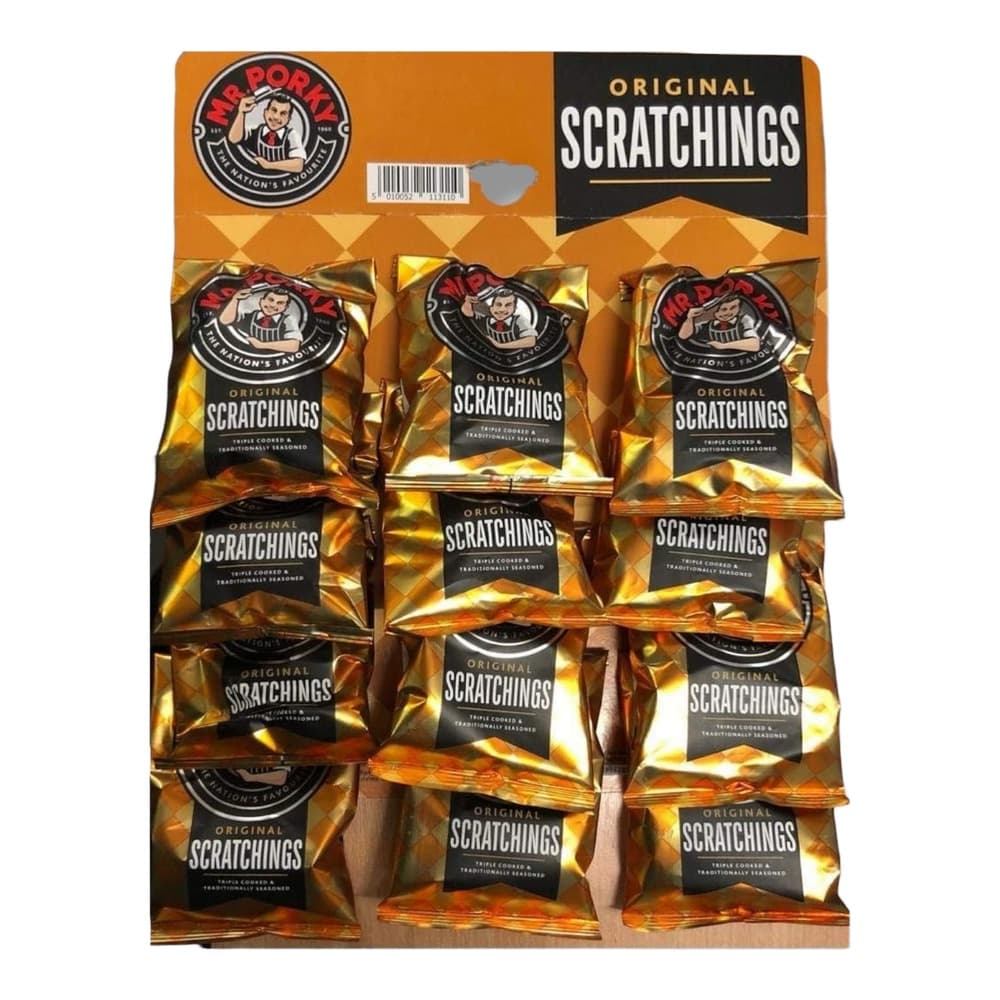 A retail display box of Mr Porky Original Scratchings containing twelve individual gold foil packets of pork snacks.