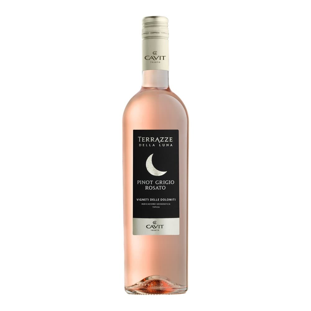 A bottle of Cavit Terrazze Della Luna Pinot Grigio Rosato rosé wine with a cream-coloured cap and black label featuring a crescent moon symbol, isolated on a white background.