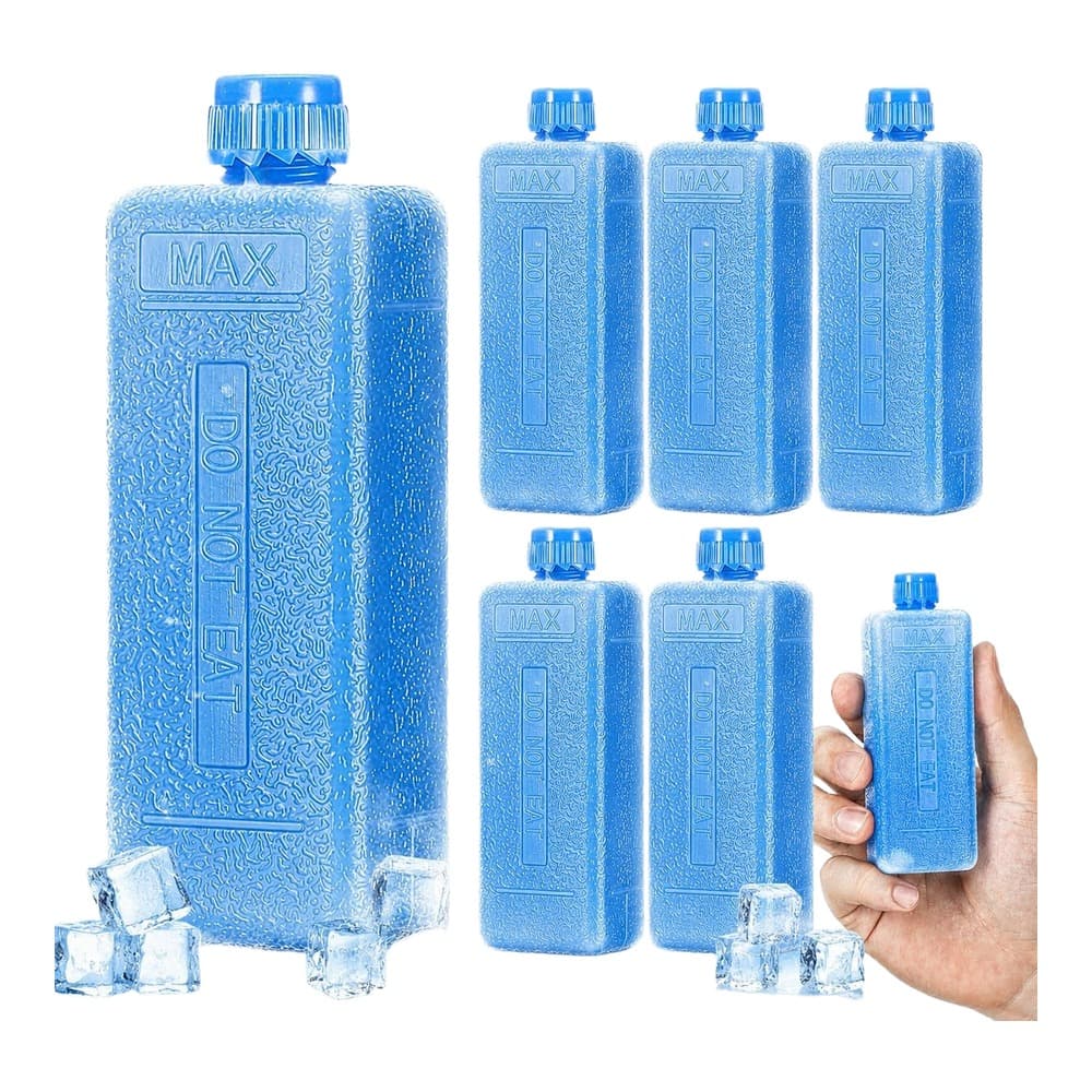 Blue reusable ice packs with MAX branding displayed with one held in hand and multiple packs arranged on white background with ice cubes